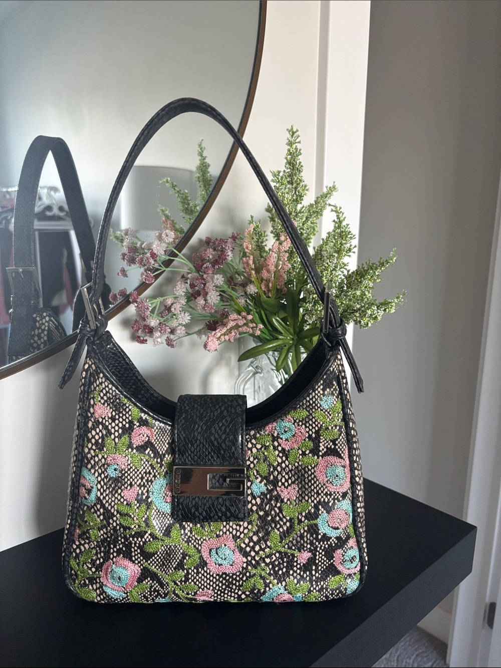 Rare Vintage Guess Faux snake skin Shoulder Bag with Floral Embroidery